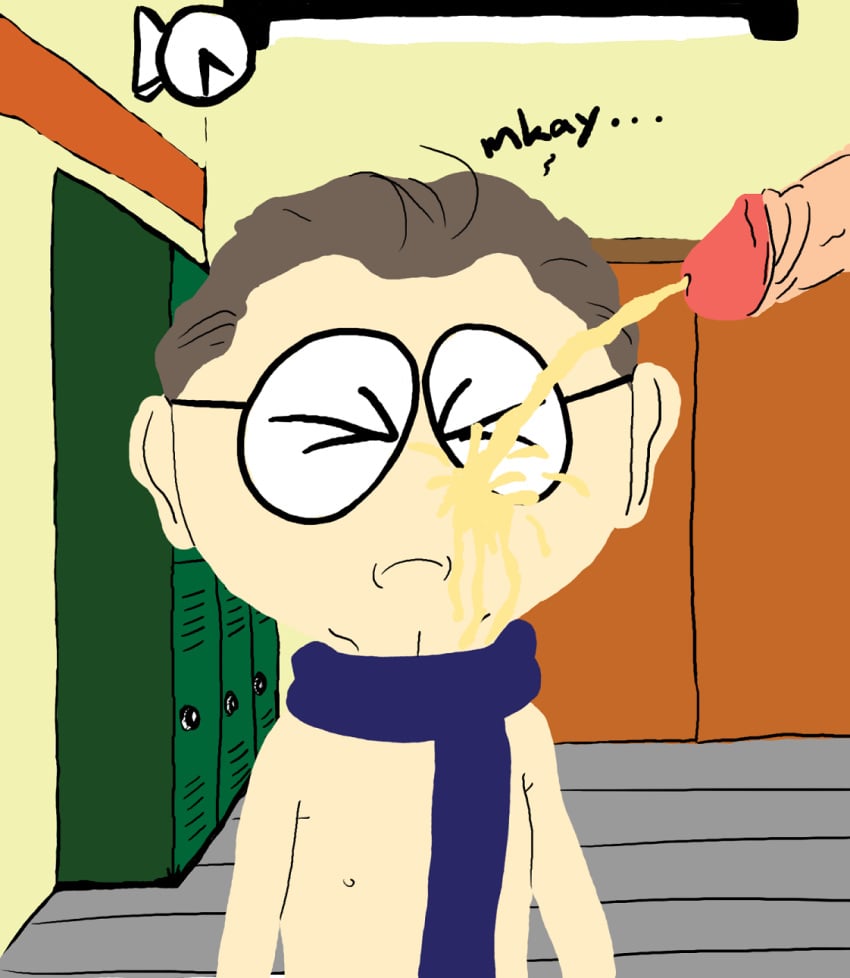 brown_hair closed_eyes gay glasses golden_shower imaajfpstnfo large_penis locker_room lockers mr._mackey mr_mackey naked_scarf out_of_frame pale-skinned_male peeing peeing_on_another peeing_on_face retracted_foreskin south_park tagme urinating_male urine urine_on_face veiny_penis wall_clock what