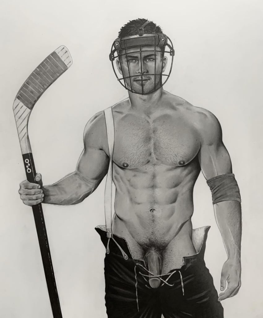 1boy abs black_and_white brad_welch_art caucasian caucasian_male flaccid flaccid_penis graphite_(artwork) hockey_player hockey_stick male male_only muscles muscular muscular_male pecs pencil_(artwork) penis shirtless_male solo solo_male unbuttoned_pants unbuttoning uncolored