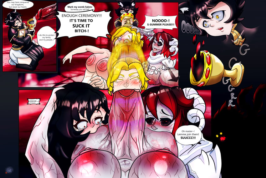 1futa 3girls animal_ears black_hair blonde_hair breasts chalice comic dialogue dinotits english_text erection fellatio female futa_on_female futanari glynda_goodwitch grimm_(rwby) huge_cock human humanoid humanoid_penis kali_belladonna kemonomimi light-skinned_female light_skin long_hair monsterification nude oral penis rape raven_branwen rwby salem_(rwby) sex summer_rose text transformation wine