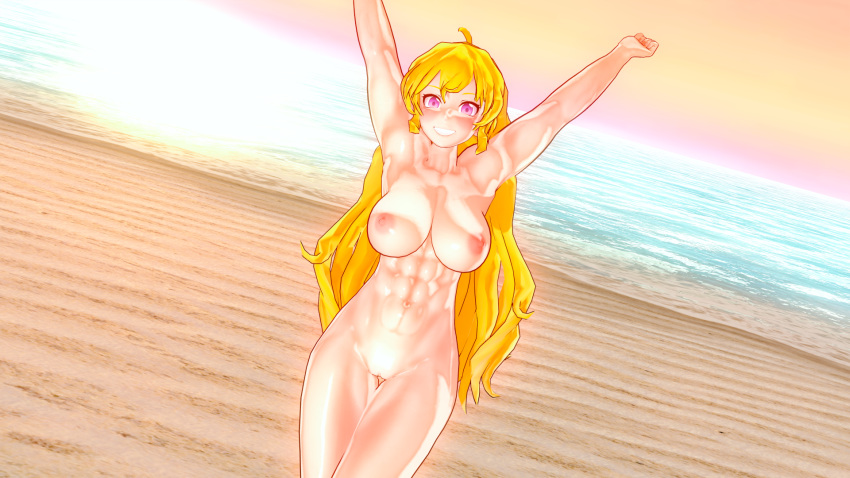 1girls 3d 3d_(artwork) abs arms_above_head beach blonde_female blonde_hair breasts casual effineffer female human nude_female nudist pale_skin pose posing purple_eyes rwby sunset yang_xiao_long