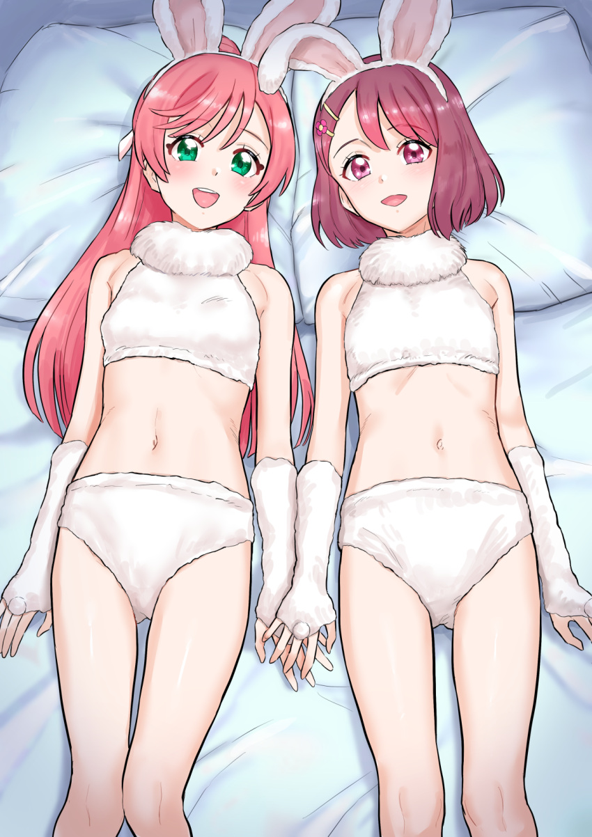 2girls breasts bunny_ears bunny_girl clothing flat_chest green_eyes hanadera_nodoka hand_holding healin'_good_precure hi_res high_resolution highres hirogaru_sky!_precure kirishima_goro_(55541) laying_on_back laying_on_bed long_hair nijigaoka_mashiro pink_hair precure pretty_cure short_hair small_breasts violet_eyes violet_hair