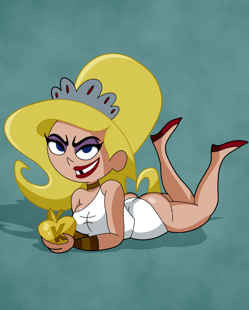 blonde_hair bracelet buckteeth cartoon_network crop_top eris_(billy_and_mandy) eyeliner eyeshadow female female_focus female_only goddess laying_down lipstick ponytail skirt the_grim_adventures_of_billy_and_mandy wifeyvoo