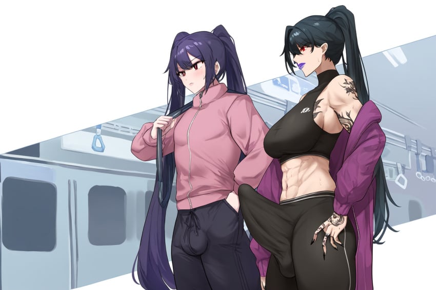 1boy 1futa abs ai_generated big_penis black_hair bulge femboy futa_on_male futa_with_femboy futa_with_male futanari goth_girl ponytail purple_hair red_eyes size_difference tattoos train_station twintails