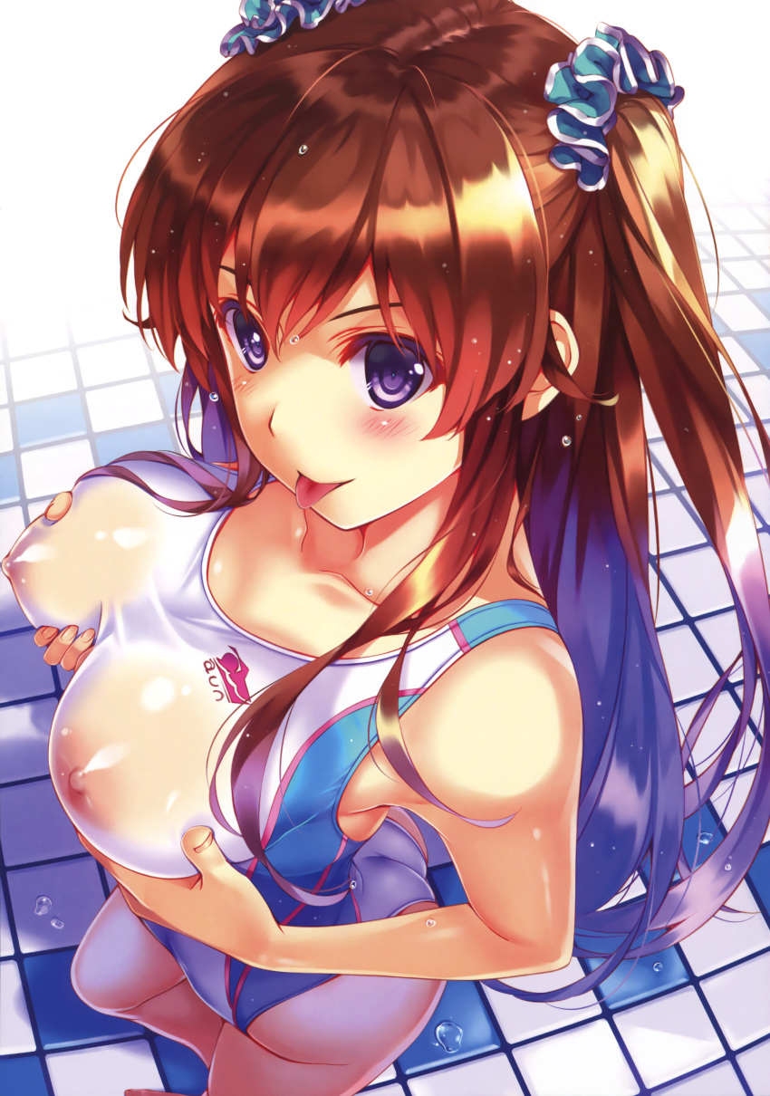 :p absurdres blush breast_lift breasts brown_hair comic_aun competition_swimsuit covered_nipples female fingernails from_above highres large_breasts looking_at_viewer misaki_kurehito naughty_face nipples one-piece_swimsuit original perspective purple_eyes scan scrunchie see-through self_fondle solo swimsuit tile_floor tiles tongue tongue_out two_side_up