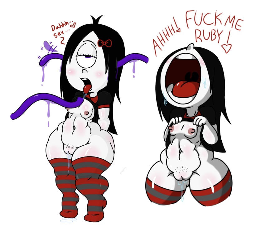 1girls big_ass black_hair blush blushing bottom_heavy bottomless bow brain_fuck brainwashing breasts cyclops dress_lift ear_penetration english english_text female ghostlydoodles goth goth_girl hair_bow head_back horny horny_female iris_(ruby_gloom) legwear_only mind_control nipples open_mouth pale_skin pussy ruby_gloom_(franchise) shaved_pussy shirt shirt_lift skull_flossing small_breasts spookyryder striped_legwear stubble tentacle tentacles thick_thighs thighhighs wet wet_pussy white_skin wide_hips