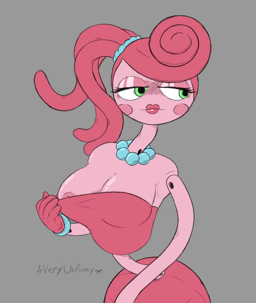 anthro averyunfunny big_breasts female female_only green_eyes looking_away mommy_long_legs newgrounds nipple_peek one_breast_out_of_clothes pink_body pink_clothing pink_hair pink_skin poppy_playtime showing_breasts showing_off solo stretchy_body