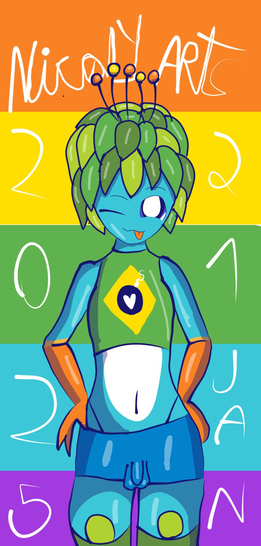 1boy 2016_rio_olympics 2025 antennae antennae_(anatomy) blue_skin brazil brazilian_flag brazilian_male colorful_background femboy feminine_male green_hair leaf_hair looking_at_viewer mascot nicolyarts olympic_mascot olympics panties penis_visible_through_clothing small_penis tom_(mascot) tongue twink