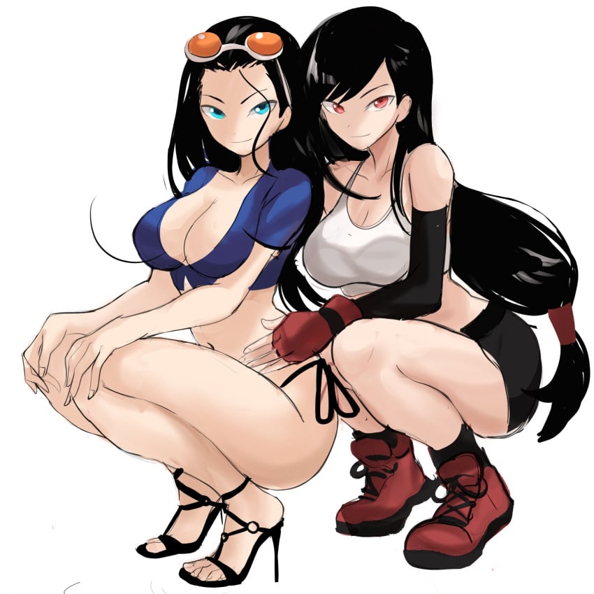 2girls big_breasts bikini black_bikini black_hair black_skirt black_swimsuit blue_crop_top blue_eyes boots breasts cleavage crop_top crossover elbow_gloves female female_only final_fantasy final_fantasy_vii fingerless_gloves gloves heels high_heels large_breasts long_hair looking_at_viewer midriff multiple_girls navel nico_robin one_piece rakeemspoon red_eyes side-tie_bikini side-tie_swimsuit skirt squatting sunglasses sunglasses_on_head swimsuit tifa_lockhart white_crop_top