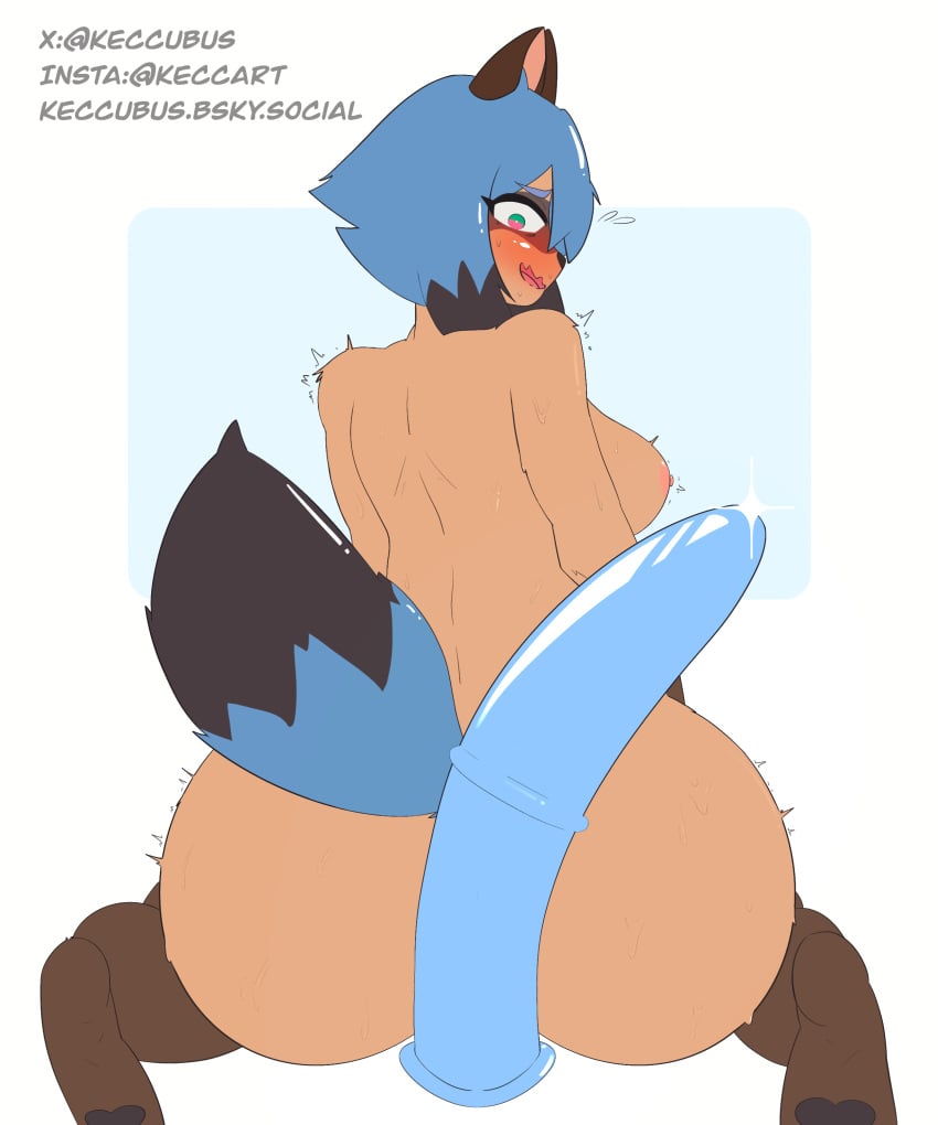 absurd_res animal_humanoid anthro ass big_breasts big_butt blue_eyes blue_hair blush brand_new_animal breasts brown_body brown_fur brown_hair canid canine dildo female fur hair hi_res humanoid keccubus mammal mammal_humanoid michiru_kagemori nipples nude open_mouth raccoon_dog sex_toy shocked_expression simple_background solo studio_trigger tail tanuki worried_look