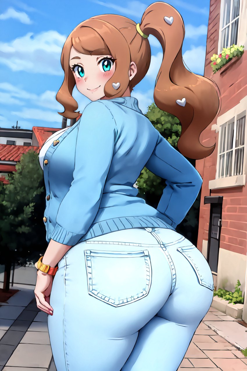 ai_generated arms_at_sides ass_focus big_ass big_breasts blush busty cardigan creatures_(company) curvy denim_jeans female female_only from_behind game_freak hi_res highres jeans legs_together light_jeans looking_back nintendo outdoors pokemon pokemon_(game) pokemon_ss pokemon_trainer seraphim_ai smile solo sonia_(pokemon) stable_diffusion thick_thighs tight_jeans