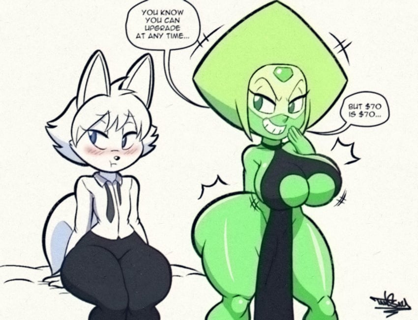 1boy 1girls alien alien_girl ass begone10000 big_ass big_breasts breasts cartoon_network dress female femboy furry gem_(species) jiggling_breasts male milo_(begone10000) original original_character peridot_(steven_universe) steven_universe tagme tansau wiggle_lines