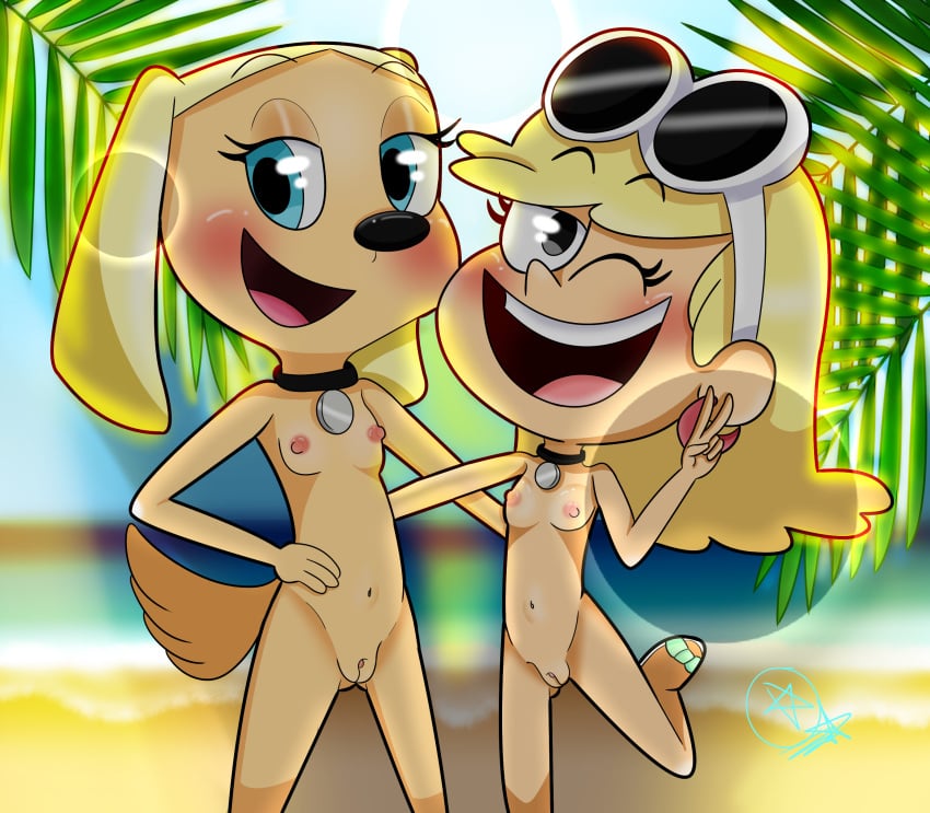 2girls anthro blush brandy_&_mr_whiskers brandy_harrington breasts canine crossover disney domestic_dog female female_only furry hi_res human leni_loud looking_at_viewer mirashefreak03 navel nickelodeon nipples nude one_eye_closed open_mouth pussy teeth the_loud_house tongue