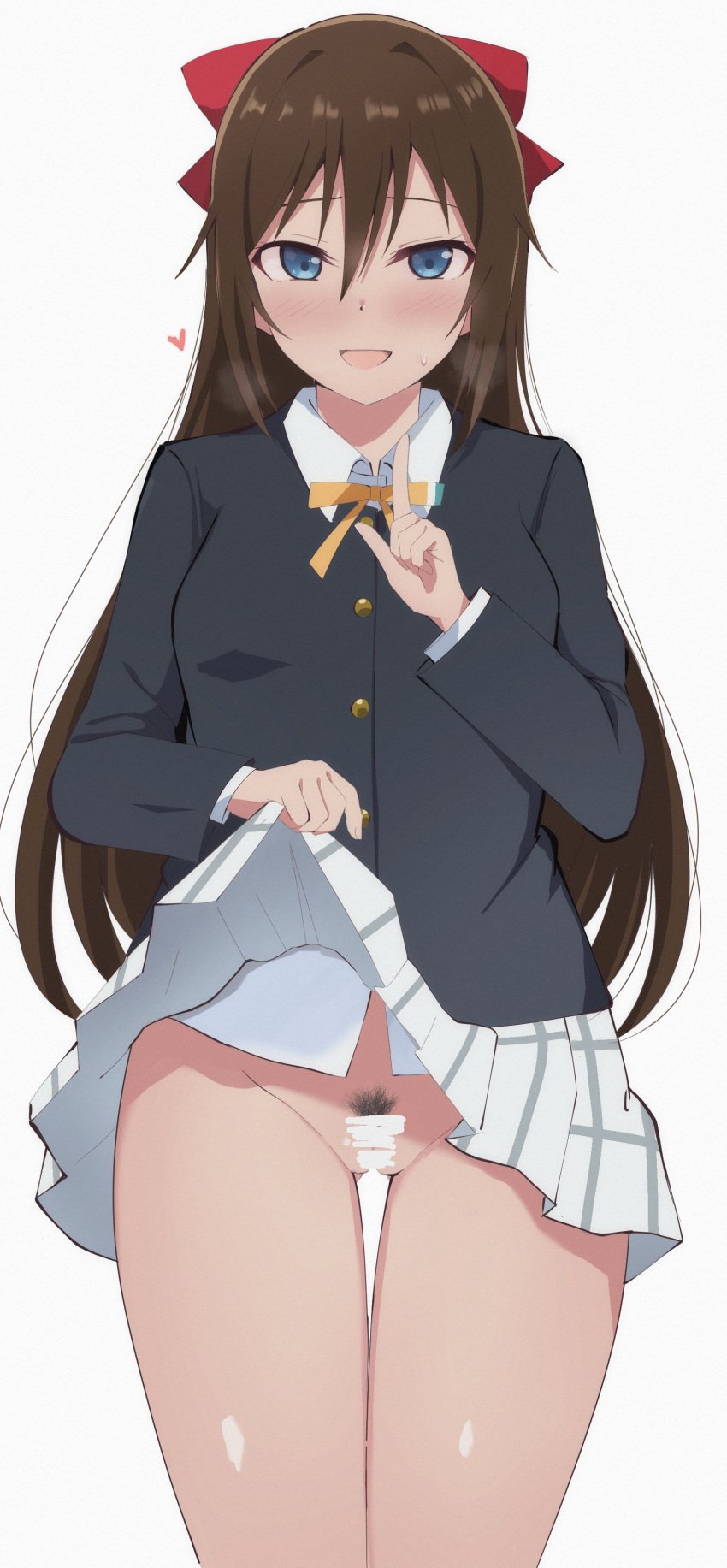 absurdres ass_visible_through_thighs bar_censor black_jacket blue_eyes blush brown_hair censored clothes_lift commentary_request female female_pubic_hair hair_ribbon heart heavy_breathing highres jacket lifted_by_self long_hair long_sleeves looking_at_viewer love_live! love_live!_nijigasaki_high_school_idol_club neck_ribbon nijigasaki_academy_school_uniform no_panties ousaka_shizuku pubic_hair pussy red_skirt ribbon school_uniform scribble_censor shirt skirt skirt_lift smile solo standing sweatdrop upper_body wewe white_background white_shirt yellow_ribbon