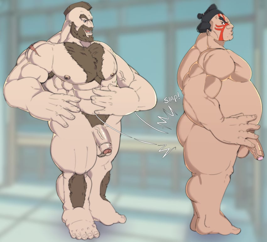 ass ass_slap balls beard big_penis buccaner98 capcom chest_hair edmond_honda face_paint facial_hair flaccid male male_only musclegut muscles muscular nude overweight penis street_fighter sumo_wrestler zangief