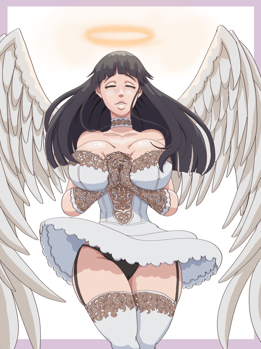 1girls angel angel_wings big_breasts black_panties blue_hair choker closed_eyes garter_straps halo hi_res hyuuga_hinata lace light-skinned_female lingerie long_hair naruto naruto_(series) naruto_shippuden pinup praying short_skirt stockings thick_thighs upskirt wanderagro893 white_dress wings