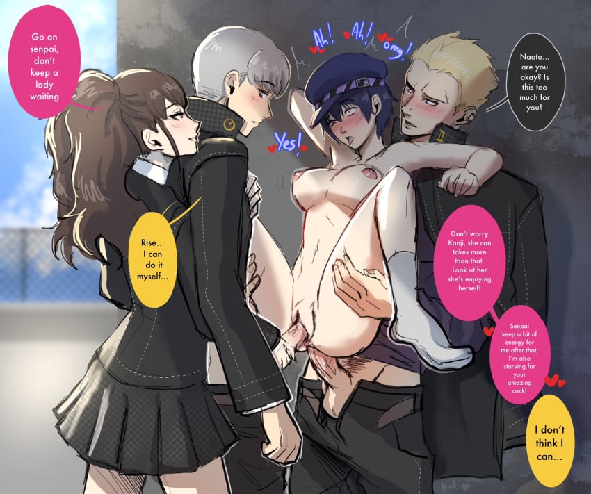 2boys 2girls ahe_gao anal anklehighs assisted_sex balls blonde_hair blue_hair blush breasts brown_hair clothed_male_nude_female completely_nude crew_socks deep_penetration dialogue dialogue_bubble dirty_talk double_penetration english_text enjoying ffmm_foursome foursome fucked_senseless fucked_silly guiding_penis hat heart implied_sex kujikawa_rise kukimoonie loving_it megami_tensei mind_break naked_socks narukami_yu pants_down penis penis_in_ass penis_in_pussy persona persona_4 persona_4_the_golden pleasure_face reverse_suspended_congress school_uniform sex shirogane_naoto short_hair socks socks_only standing standing_sex suspended_double_penetration talking_to_partner tatsumi_kanji thick tomboy tongue_out twintails vaginal_penetration white_socks