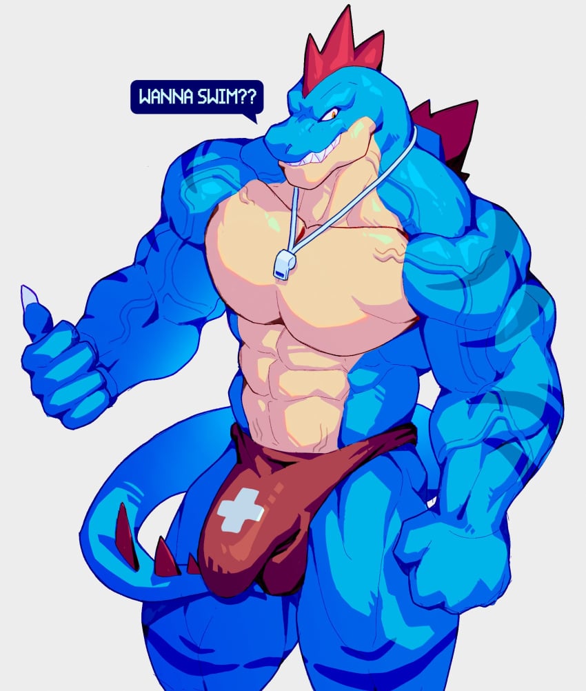 anthro bara blue_body blue_scales bulge claws clothing crocodilian detailed_bulge digital_media_(artwork) feraligatr gay generation_2_pokemon hi_res male male_only mixterart muscular muscular_anthro muscular_male nintendo orange_eyes pokemon pokemon_(species) reptile scales scalie simple_background solo tan_body tan_scales underwear whistle_around_neck