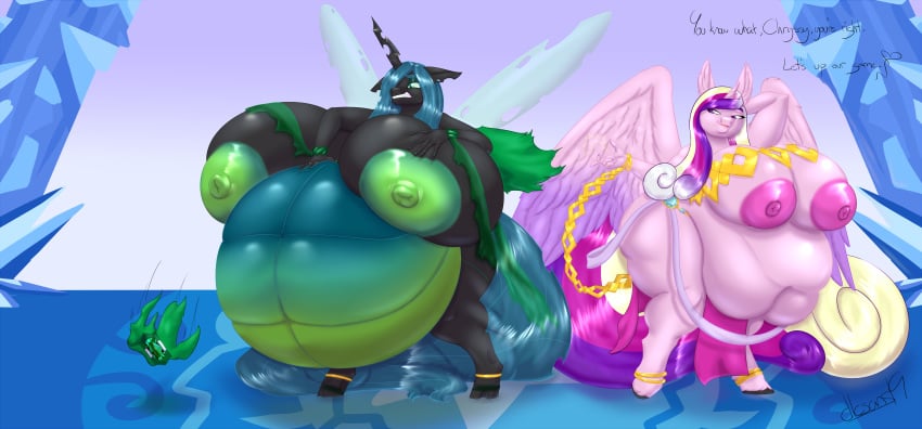 2019 5_fingers absurd_res alicorn anthro areola arthropod belly big_belly big_breasts blues64 breasts changeling dialogue duo english_text equid equine female fingers friendship_is_magic hand_behind_head hasbro hi_res horn huge_belly huge_breasts hyper hyper_belly hyper_breasts lesang mammal morbidly_obese my_little_pony mythological_creature mythological_equine mythology nipples obese overweight princess_cadance_(mlp) queen_chrysalis_(mlp) signature text wings