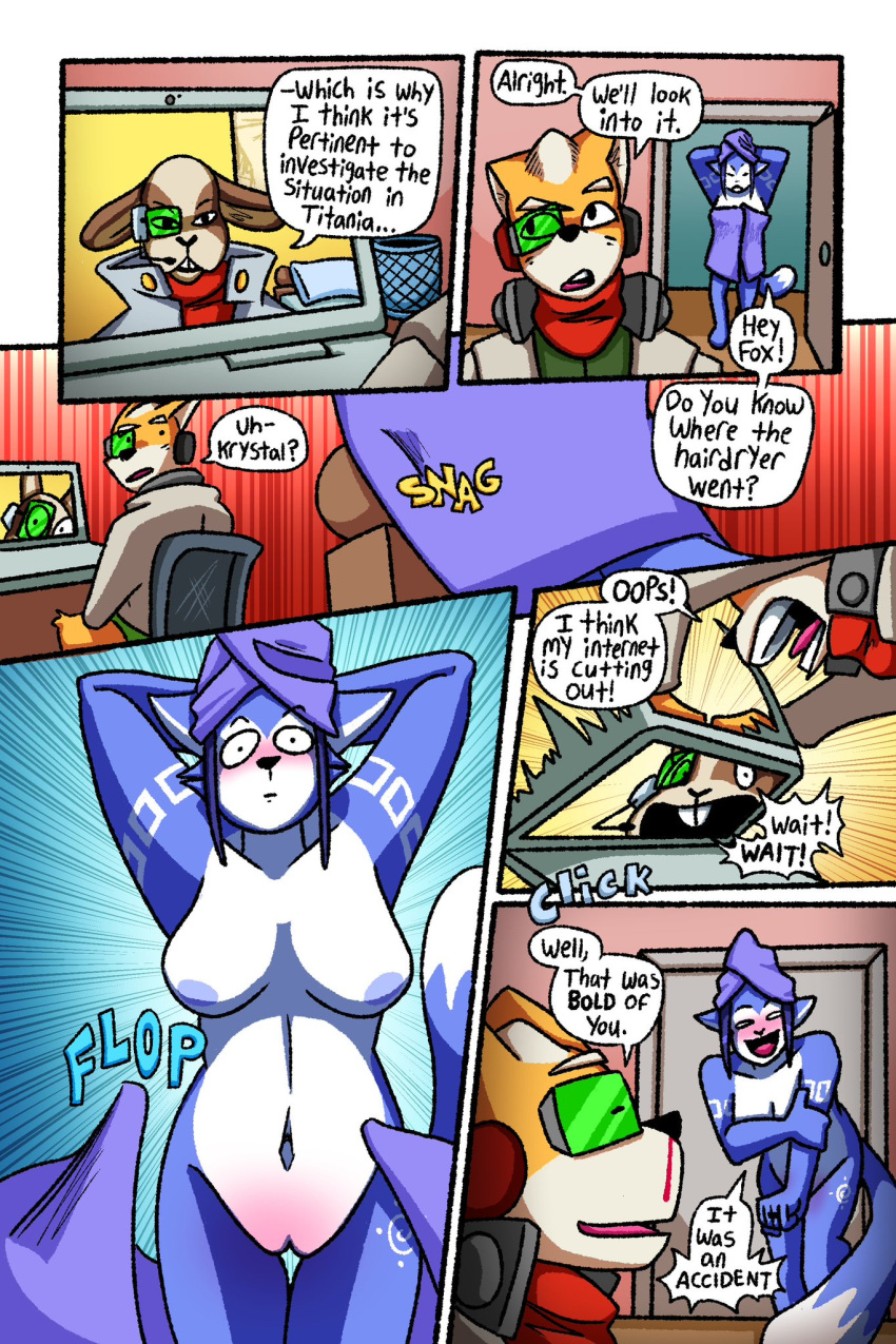 anthro breasts embarrassed embarrassed_nude_female enf fox_mccloud krystal peppy_hare pussy robablo star_fox towel wardrobe_malfunction