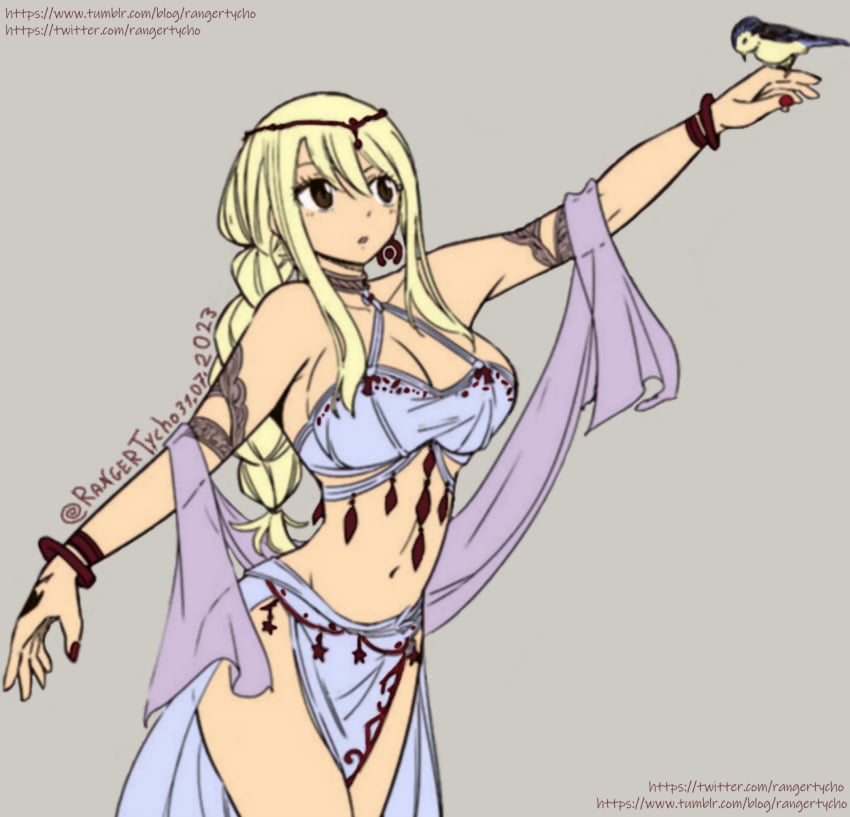 1animal 1girls belly_dancer belly_dancer_outfit bird bird_on_hand blonde_hair brown_eyes cleavage fairy_tail harem_girl harem_outfit huge_breasts light-skinned_female light_skin loincloth long_hair lucy_heartfilia rangertycho_(rangertycho2077) veil voluptuous