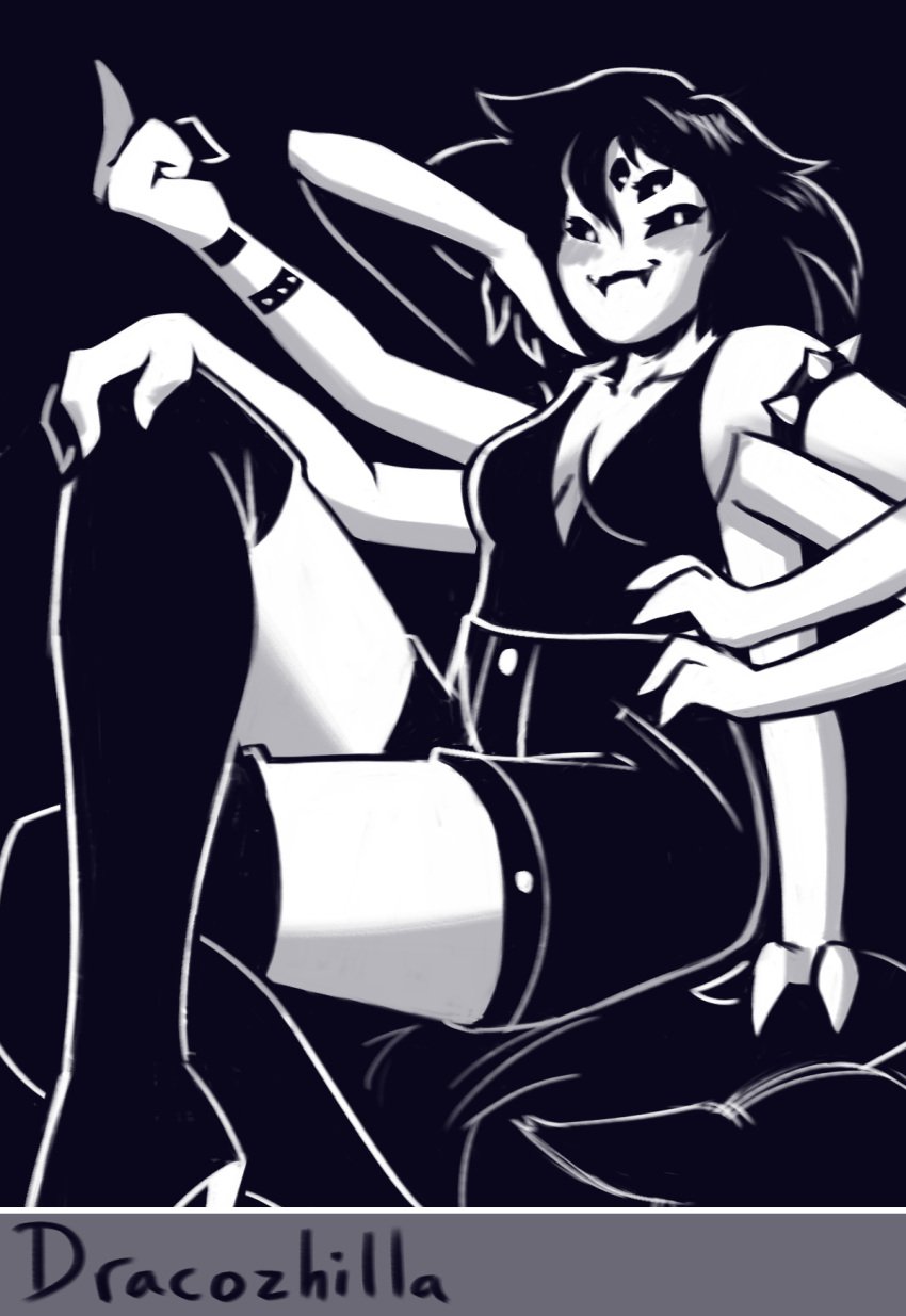 cleavage clothed dracozhilla goth middle_finger monochrome muffet smirk smug spider undertail undertale