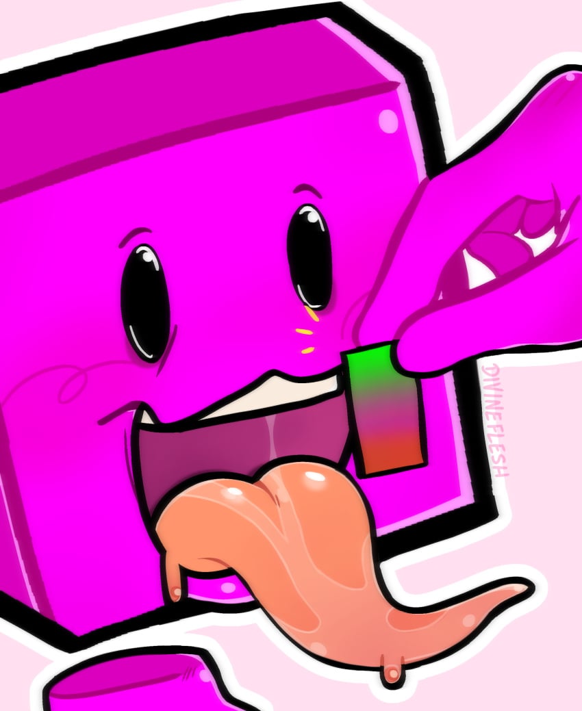 2boys blush blush_lines close-up consuming cube divineflesh_(artist) drool drooling forced forced_vore height_difference holding hungry jeremy_(regretevator) long_tongue male male/male male_only micro non-human open_mouth oral_vore pink_body regretevator roblox roblox_game saliva saliva_string size_difference smiling tongue tongue_out unpleasant_gradient vore vore_warning