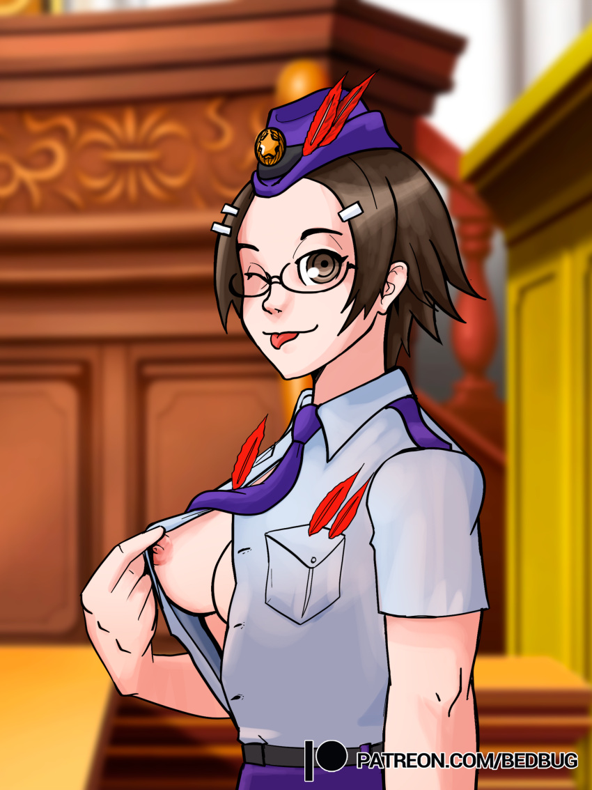 bedbug_(artist) clothing courtroom gyakuten_saiban maggey_byrde nipple_slip police_hat police_uniform policewoman pov_eye_contact public teasing teasing_nipple winking_at_viewer