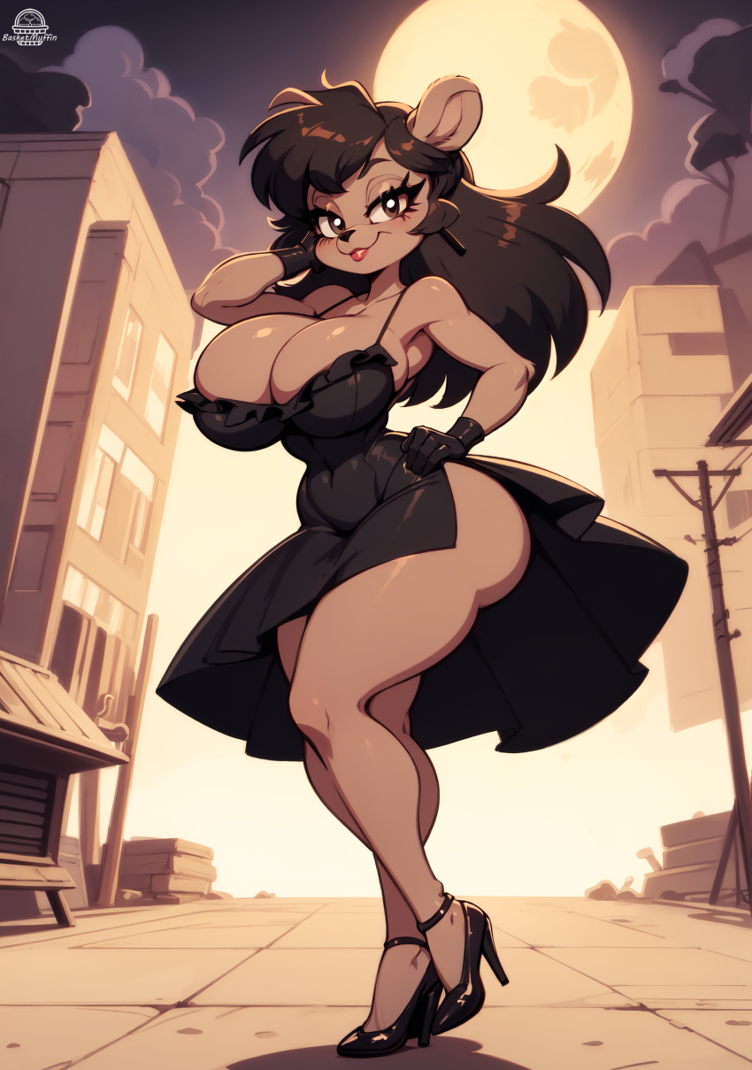 1girls ai_generated anthro anthro_only basketmuffin big_breasts black_clothing black_dress breasts clothed clothing curvy dress female female_only footwear furry furry_only gloves heels hi_res high_heels julie_bruin solo solo_female thick_thighs tight_clothing tiny_toon_adventures voluptuous warner_brothers wide_hips