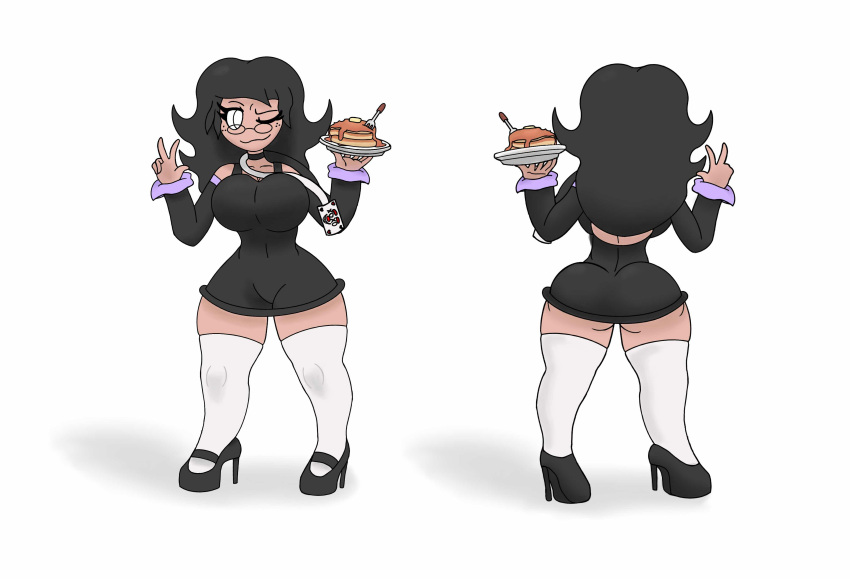 ass clothes fem_j femj food front_and_back glasses high_heels original original_character pancake skimpy thick_thighs thighhighs