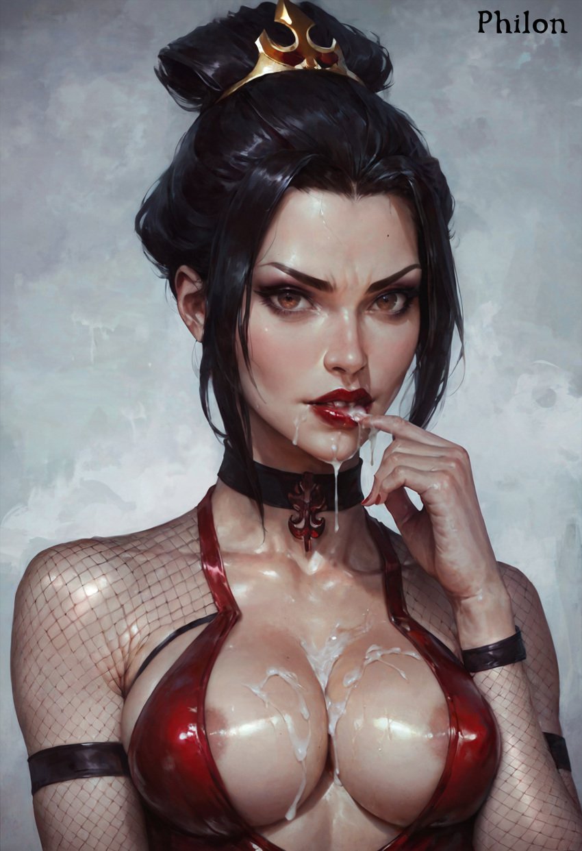 1girls ai_generated areola_slip avatar_legends avatar_the_last_airbender azula black_choker black_hair breasts brown_eyes center_opening choker cleavage collarbone covered_nipples cum cum_in_mouth cum_on_body cum_on_breasts cumdrip facial female finger_to_mouth fingernails fire_nation fishnet_top fishnets hair_bun hair_ornament hand_up large_breasts lips lipstick looking_at_viewer makeup medium_breasts mole mole_on_breast nail_polish nipple_slip nipples philon red_lips red_nails shiny_skin single_hair_bun solo stable_diffusion upper_body