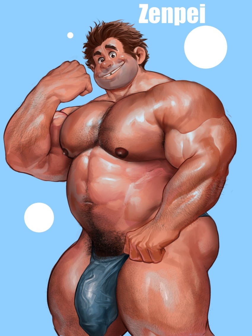 1boy abs bara beard_stubble belly biceps briefs brown_hair bulge clenched_hand covered_penis cowboy_shot facial_hair flaccid flexing forearms girthy_penis hairy highres large_pectorals looking_at_viewer male male_focus male_only male_pubic_hair male_underwear mature_male missing_tooth muscular muscular_male navel navel_hair nipples pectorals penis plump pubic_hair raised_eyebrow ralph_(wreck-it_ralph) sanpaku seductive_smile smile solo sparse_chest_hair sparse_leg_hair standing stomach strongman_waist stubble tareme thick_arm_hair thick_eyebrows thick_navel_hair thick_thighs thighs topless_male uncensored underwear wreck-it_ralph zenpei