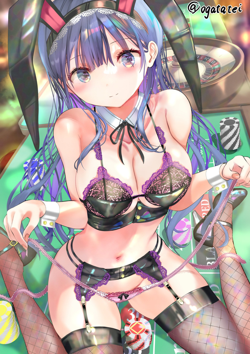 blue_hair blush bunny_ears bunny_girl bunnysuit casino casino_card_table casino_table chips collarbone colored_inner_hair detached_collar english_text fishnet_stockings fishnets garter_belt garter_straps gradient_eyes hairband heels large_breasts purple_hair removing_panties shiny sitting smile stockings text thighs twitter_username very_long_hair wariza