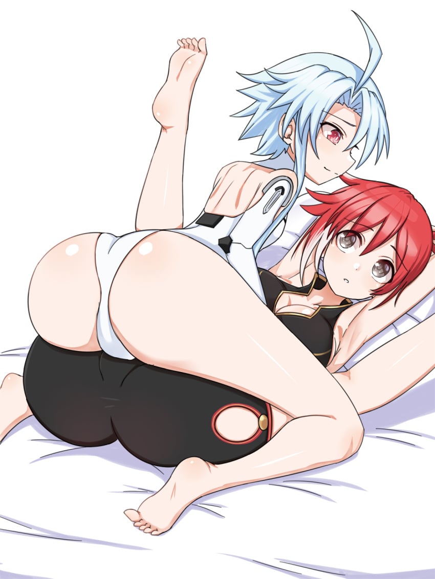 blanc blue_hair bodysuit clothed compile_heart dat_ass huge_ass idea_factory neptunia_(series) red_(neptunia) sandwich thick_thighs white_heart_(neptunia) yuri