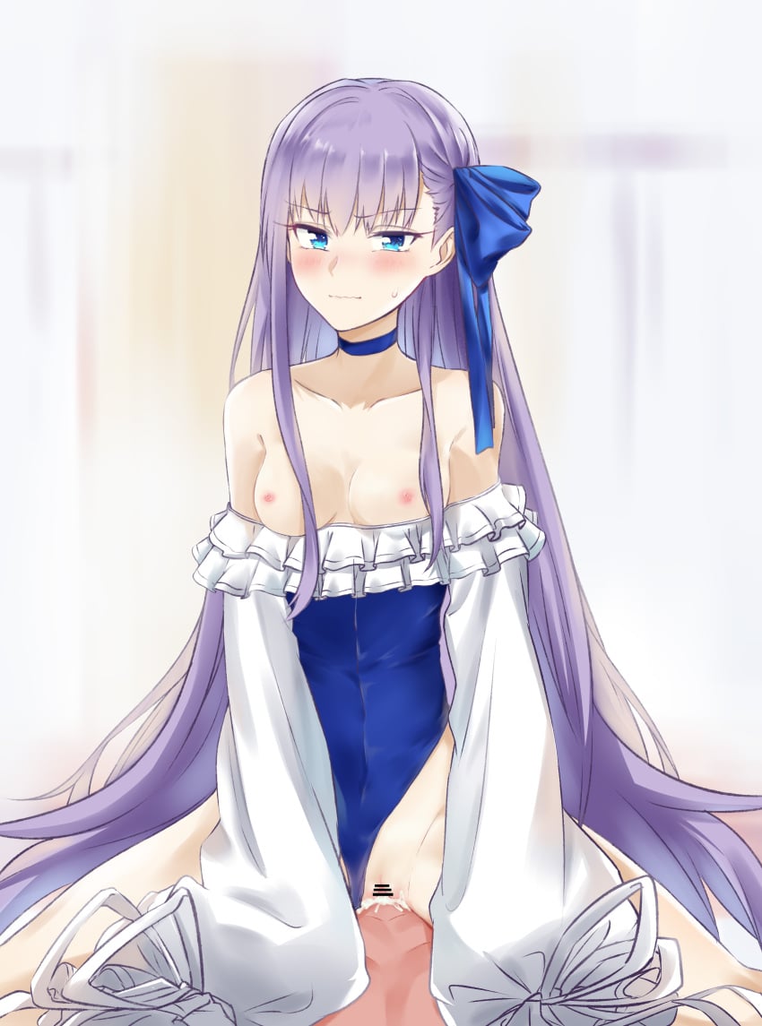 1boy absurdres bare_shoulders blue_eyes blue_ribbon blush breasts choker clothed_female_nude_male clothed_sex clothing_aside coffeekite collarbone cowgirl_position cowgirl_position cum cum_in_pussy fate/grand_order fate_(series) female frilled_one-piece_swimsuit frills hair_ribbon highleg highleg_swimsuit highres long_hair long_sleeves looking_at_viewer meltryllis_(fate) meltryllis_(swimsuit_lancer)_(fate) meltryllis_(swimsuit_lancer)_(second_ascension)_(fate) nipples nude off-shoulder_one-piece_swimsuit off_shoulder one-piece_swimsuit puffy_sleeves purple_hair pussy ribbon sex sleeves_past_fingers sleeves_past_wrists small_breasts straddling straight swimsuit swimsuit_aside thighs vaginal_penetration very_long_hair white_ribbon