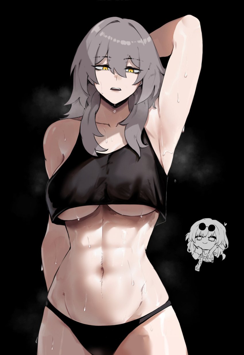 1girls abs arm_up armpit armpit_crease armpits arms_up belly belly_button big_breasts busty fit fit_female grey_hair honkai:_star_rail honkai_(series) hoyoverse large_breasts light-skinned_female light_skin masoq095 messy_hair mihoyo pale-skinned_female pale_skin stelle_(honkai:_star_rail) sweat sweating sweaty toned toned_female tummy underboob yellow_eyes