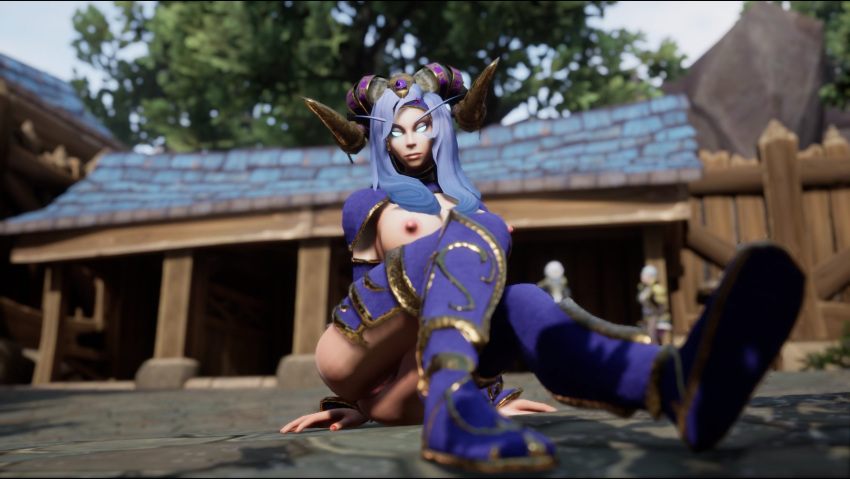 1girl 1girls 3d ass auril3d auril_(artist) big_breasts blizzard_entertainment blue_hair breasts butt female female_only horn horns light-skinned_female light_skin looking_at_viewer nipples pussy solo tarecgosa vagina warcraft world_of_warcraft