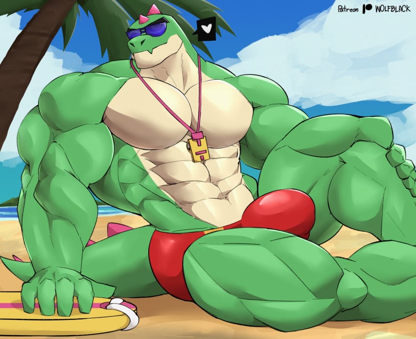 5_fingers 5_toes anatake big_bulge brawl_stars bulge buzz_(brawl_stars) dinosaur green_body green_skin heart male male_focus male_only muscular muscular_anthro muscular_male sitting solo solo_male sunglasses tagme tail whistle wolfblack2543