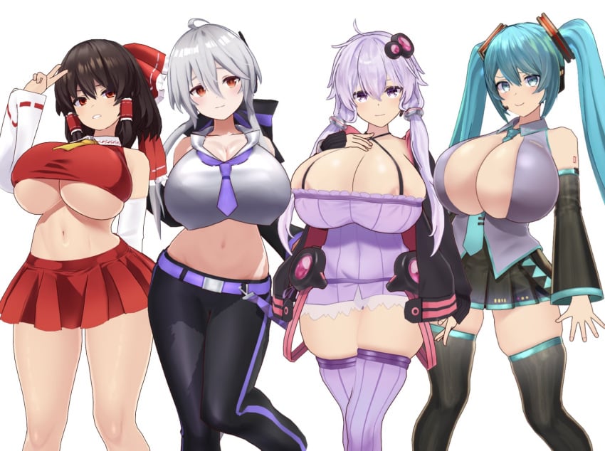 blue_hair brown_hair clothed dekapaiyukari enormous_breasts facominn gigantic_breasts hatsune_miku huge_breasts reimu_hakurei thick_thighs touhou vocaloid voiceroid white_hair yowane_haku yuzuki_yukari