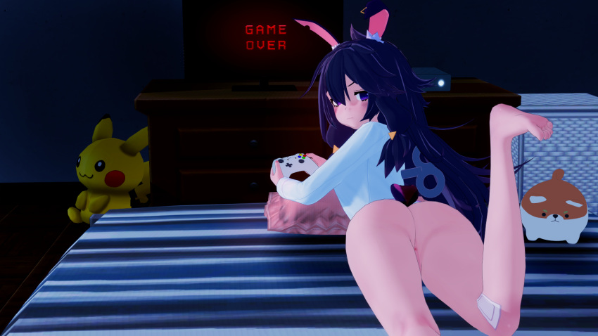 1girls anus ass female indie_virtual_youtuber koikatsu looking_back_at_viewer lyn_mametchi no_panties on_top pikachu playing_videogame pouting pussy rabbit_ears rabbit_tail renhentai shirt_only uncensored virtual_youtuber vtuber wind-up_key xbox_controller xbox_one