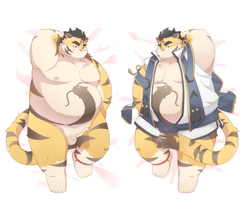 2024 anthro balls belly big_belly dakimakura dakimakura_design felid genitals ginsingoo1 hi_res hitachi_(tamacolle) kemono lying male male_only mammal micropenis moobs nipples overweight overweight_male pantherine penis small_penis solo tamacolle tiger