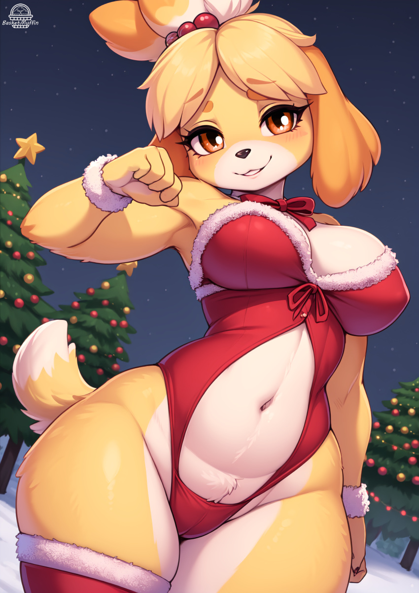 1girls ai_generated animal_crossing anthro anthro_only basketmuffin breasts cameltoe canid canine christmas christmas_clothing christmas_outfit christmas_tree clothed female female_only furry furry_only hi_res holidays isabelle_(animal_crossing) navel nintendo solo solo_female tail thick_thighs wide_hips