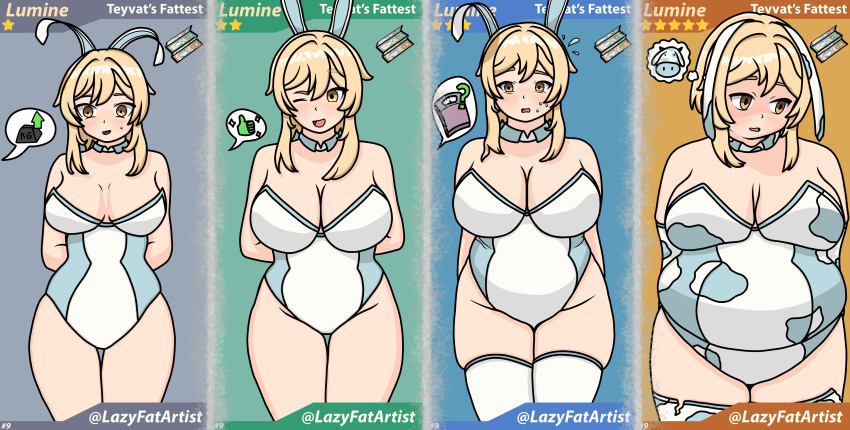 1girl 1girls bbw blonde_hair blonde_hair_female breasts chubby chubby_female fat fat_woman female female_focus female_only genshin_impact hoyoverse level_up light-skinned_female light_skin lumine_(genshin_impact) mihoyo mihoyo_technology_(shanghai)_co._ltd. rabbit_costume solo solo_female solo_focus thick_hips thick_legs thick_thighs weight_gain yellow_eyes yellow_eyes_female