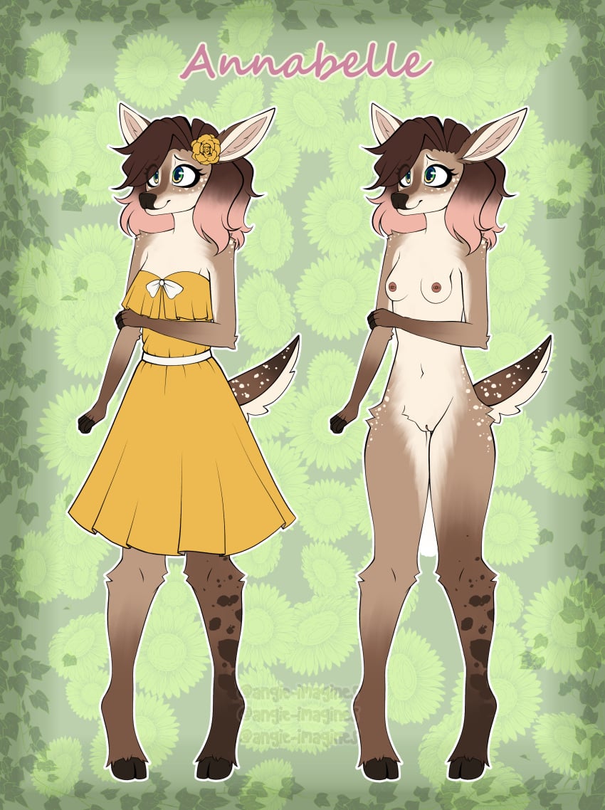 absurd_res accessory angie_imagines annabelle_(angie_imagines) anthro arm_tuft breasts clothed clothing deer dress elbow_tuft fan_character female flower flower_in_hair fluffy fluffy_tail freckles green_eyes hair hair_accessory hi_res highlights_(coloring) mammal model_sheet nipple_piercing nipples nude piercing pink_nipples plant shy size_difference slim small_breasts smaller_female solo speckled_body sundress tail tuft unguligrade unguligrade_anthro