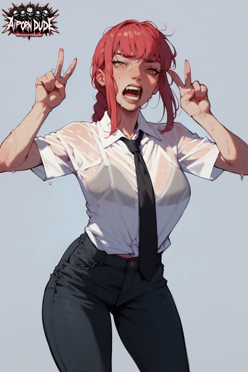 ai_generated aiporndude bangs braid braided_hair braided_ponytail chainsaw_man curvaceous curvy curvy_body curvy_female curvy_figure double_peace_sign large_breasts lips looking_at_viewer makima_(chainsaw_man) necktie nude_female open_mouth pants peace_sign pose red_hair saliva saliva_trail scared screaming see-through see-through_clothing see-through_top shirt sweat sweatdrop sweating sweaty sweaty_body sweaty_breasts teeth yellow_eyes