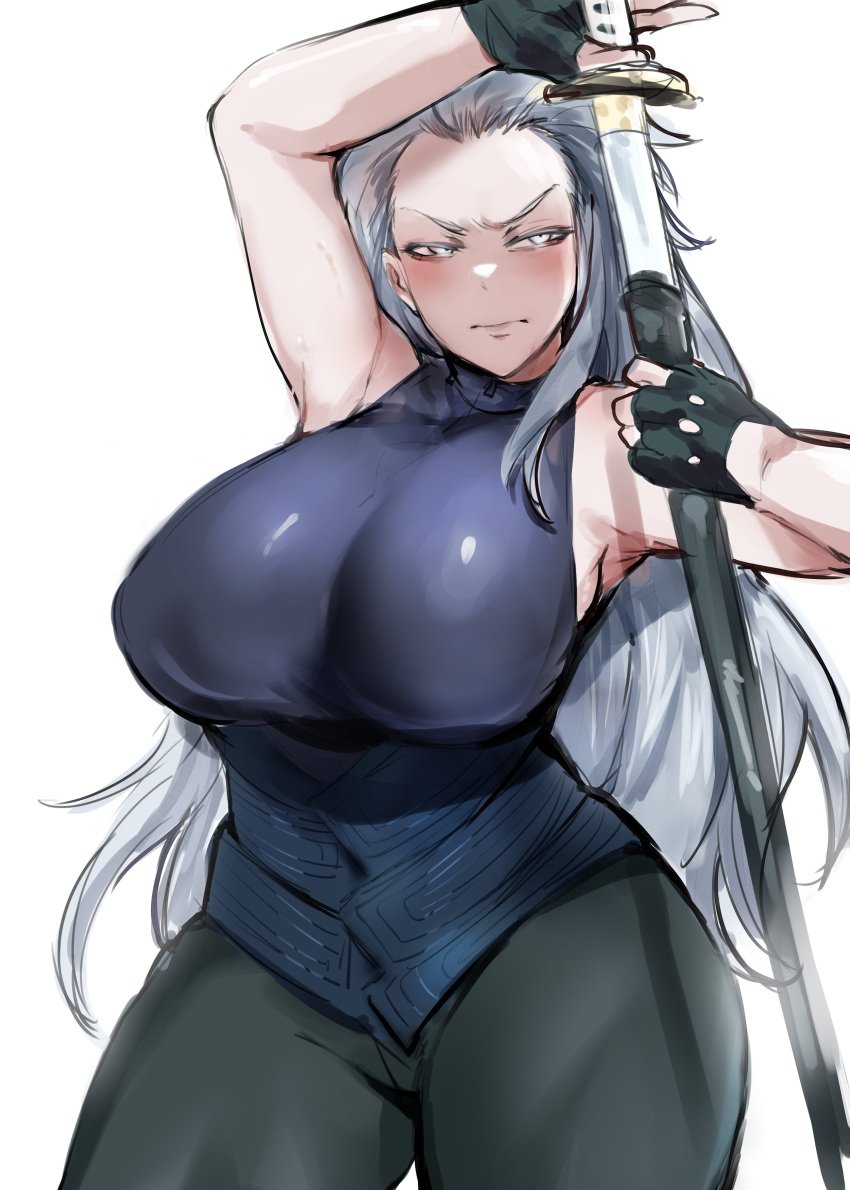 big_breasts black_clouds devil_may_cry devil_may_cry_5 fem_vergil_(dmc) i_am_the_storm_that_is_approaching in_isolation kurenaiz1 meme motivated plain_background provoking rule_63 simple_background sword vergil we're_burning_chaos_in_the_wind white_background white_eyes white_hair yamato_(sword)