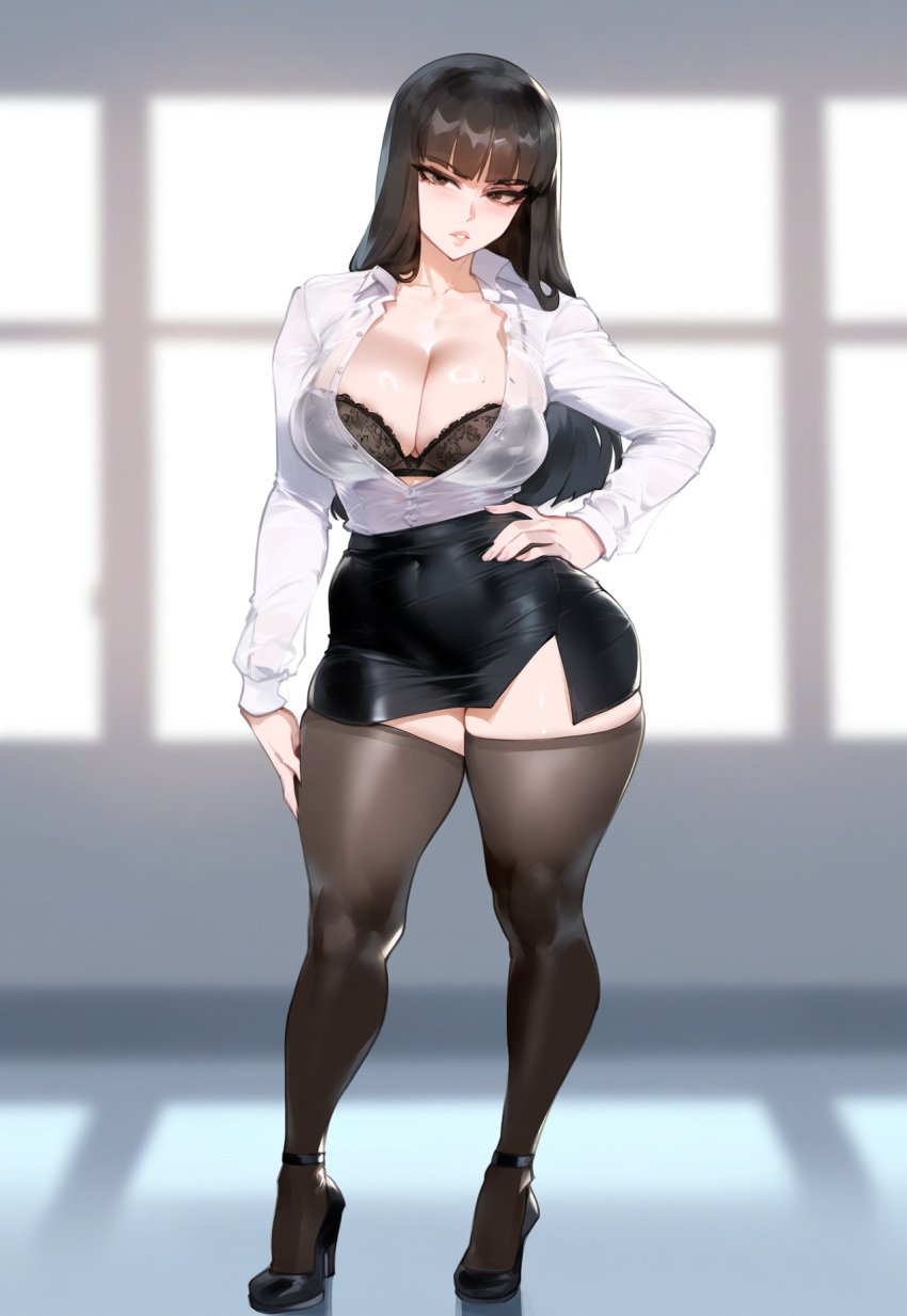 1girls ai_generated black_footwear black_hair bra breasts brown_eyes cleavage creamy_ai curvy female_only full_body girls_und_panzer hand_on_hip high_heels large_breasts nishizumi_shiho office_lady pencil_skirt skirt solo standing thiccwithaq_(ai_style) thick_thighs thighhighs wide_hips