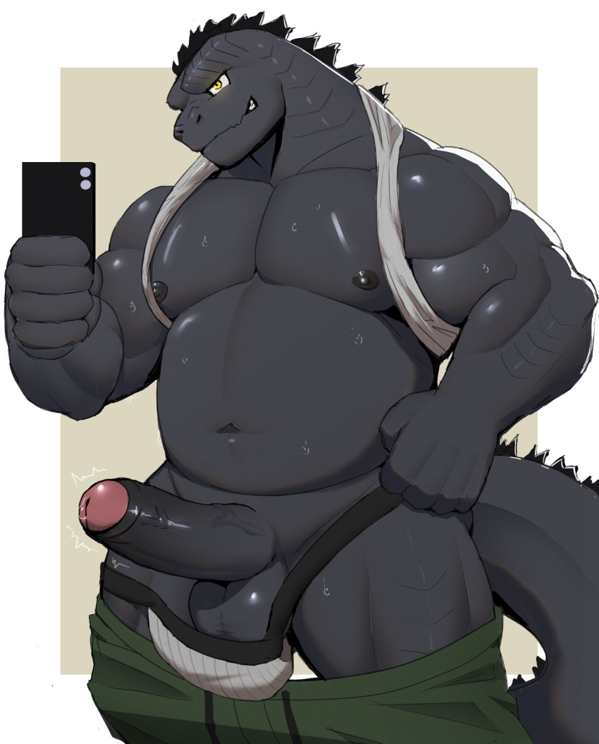 1boy anthro balls barazoku biceps bodily_fluids bottomwear claws clothing digital_media_(artwork) electronics erection furry genitals godzilla godzilla_(series) hi_res hughhhh kaiju male male_only monster musclegut muscular muscular_male muscular_thighs nipples nude pants pecs penis phone scalie simple_background slightly_chubby smile smirk solo solo_focus solo_male spikes spikes_(anatomy) sweat tail taking_picture taking_selfie teeth toho triceps underwear undressing vein veiny_penis yellow_eyes