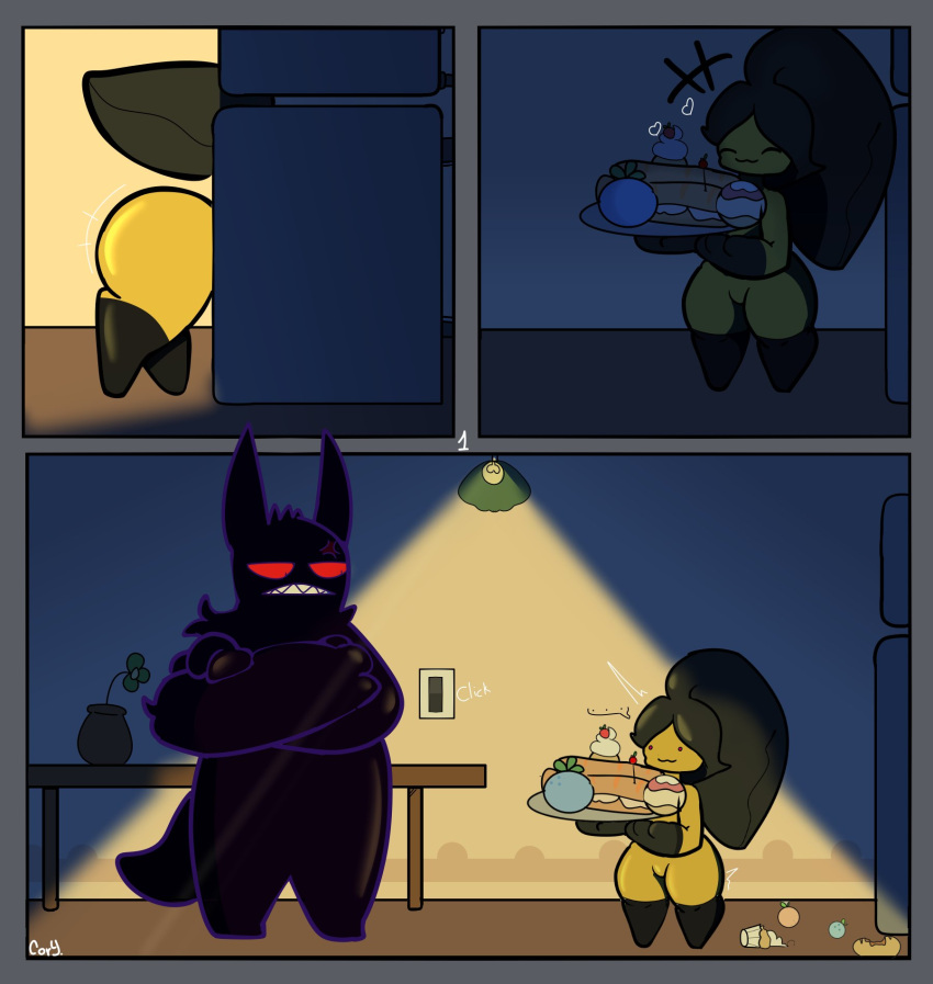 caught_in_the_act drawcat13 gengar ghost humanoid mawee mawile nintendo original_characters pokemon pokemon_(species) stealing stealing_food tagme