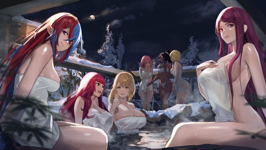 6+girls 7girls alear_(female)_(fire_emblem) alear_(fire_emblem) bare_shoulders bathing blue_eyes blue_hair breasts brown_hair citrinne_(fire_emblem) cleavage covering_privates crossed_bangs dark-skinned_female dark_skin female female_only fire_emblem fire_emblem_engage goldmary_(fire_emblem) group_bathing hair_between_eyes heterochromia highres ivy_(fire_emblem) j@ck lapis_(fire_emblem) large_breasts long_hair looking_at_viewer medium_breasts multicolored_hair multiple_girls naked_towel nintendo onsen outdoors princess purple_eyes purple_hair red_eyes red_hair royalty smile split-color_hair steam timerra_(fire_emblem) towel two-tone_hair very_dark_skin very_long_hair yunaka_(fire_emblem)