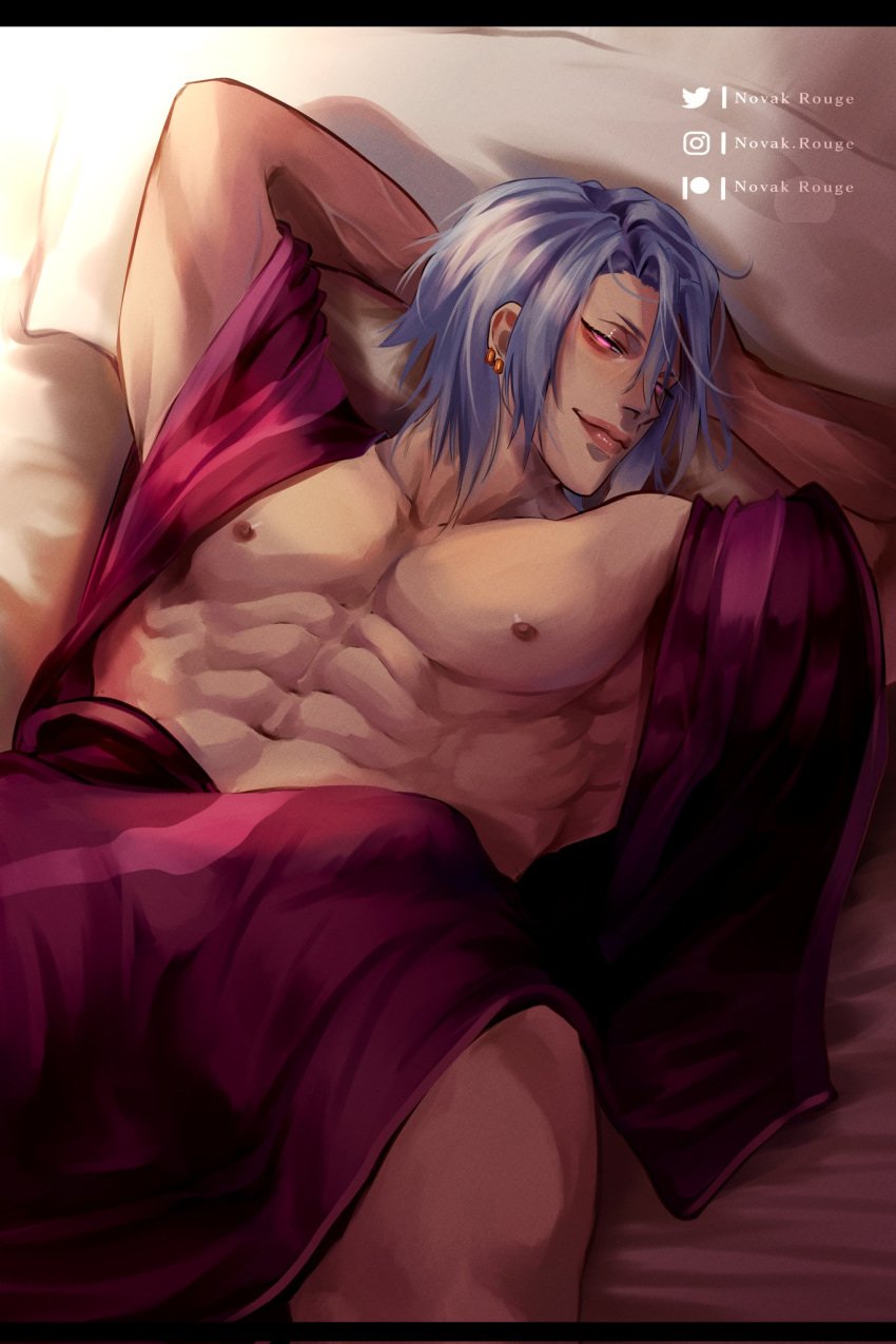 1boy abs arms_up bulge demon_slayer earrings glowing_eyes hair_down hands_behind_head kimetsu_no_yaiba kimono looking_at_viewer male male_only muscular muscular_male novak_rouge on_back on_bed open_kimono painting_(artwork) pecs pink_eyes reclining silver_hair smile solo uzui_tengen veins veiny_muscles